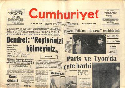 Cumhuriyet Gazetesi 26 Mayıs 1968 - Paris Ve Lyonda Çete Harbi - Habip Edip Törehan Vefat Etti GZ118401 - 1