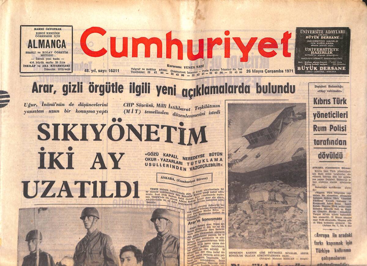 Cumhuriyet Gazetesi 26 Mayıs 1971 - Alain Delon'u Paylaşmakta Kadınlar Güçlük Çekiyor - Sıkıyönetim İki Ay Daha Uzatıldı GZ149423 - 1