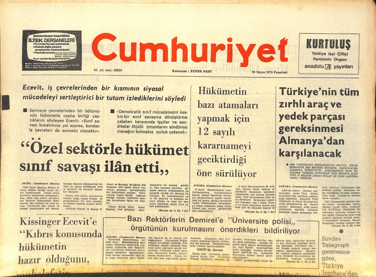 Cumhuriyet Gazetesi 26 Mayıs 1975 - TRT'de Herkes Tedirgin - Muhammed Ali, Fraizer Ve Joe Bugner İle Yapacağı Maçlara Hazırlanıyor GZ143640 - 1