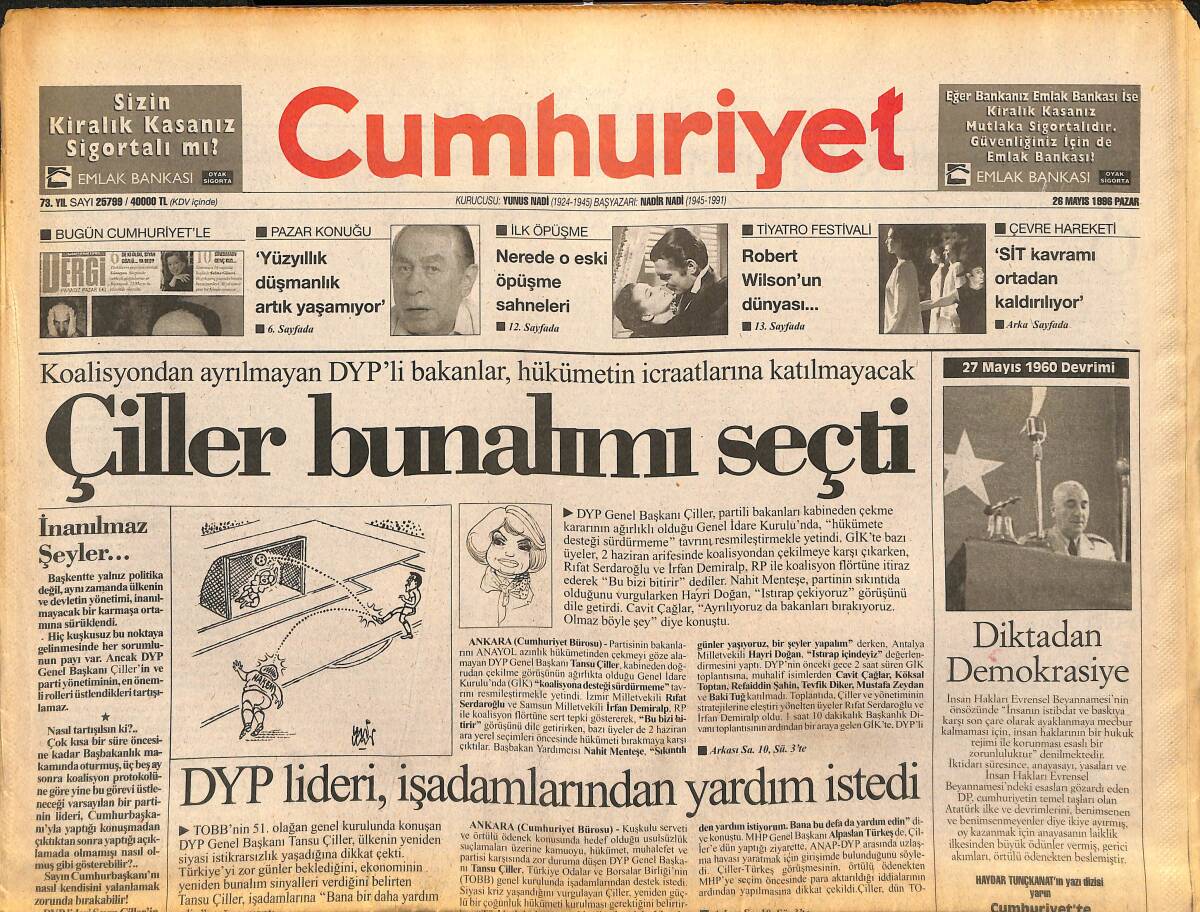 Cumhuriyet Gazetesi 26 Mayıs 1996 - Çiller Bunalımı Seçti - Demirel'den Suriye Ve Irak'a Su Uyarısı GZ147977 - 1
