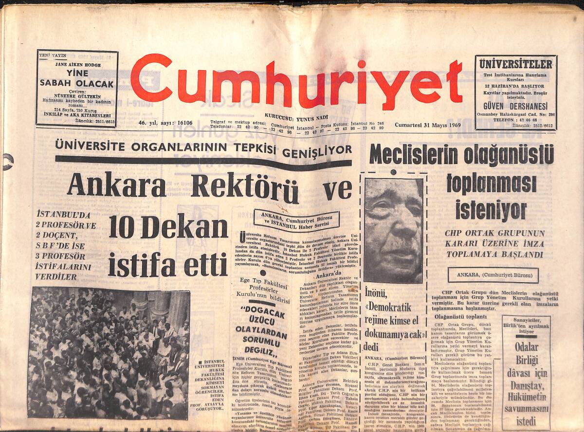 Cumhuriyet Gazetesi 26 Nisan 1969 - Gaye TRT'Yİ Tam Ele Geçirmek - Dünyanın İlk Çifte Kan Nakli Yapıldı - Lübnan Da Hükümet İstifa Etti! GZ139962 - 1