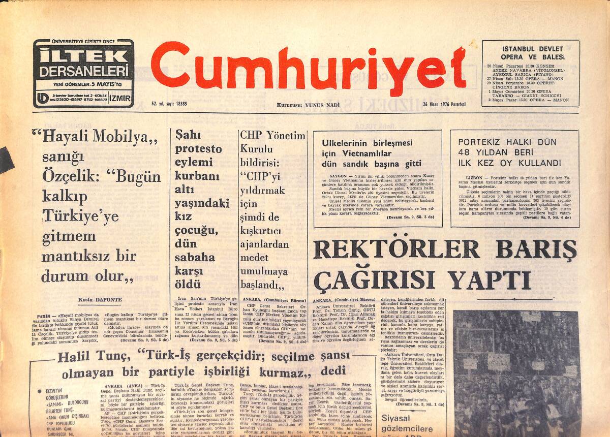 Cumhuriyet Gazetesi 26 Nisan 1976 - DP Genel Başkanı Bozbeyli'ye Göre , Türkiye'de Ekonomik İktidar 150 Ailenin Elinde GZ161135 - 1