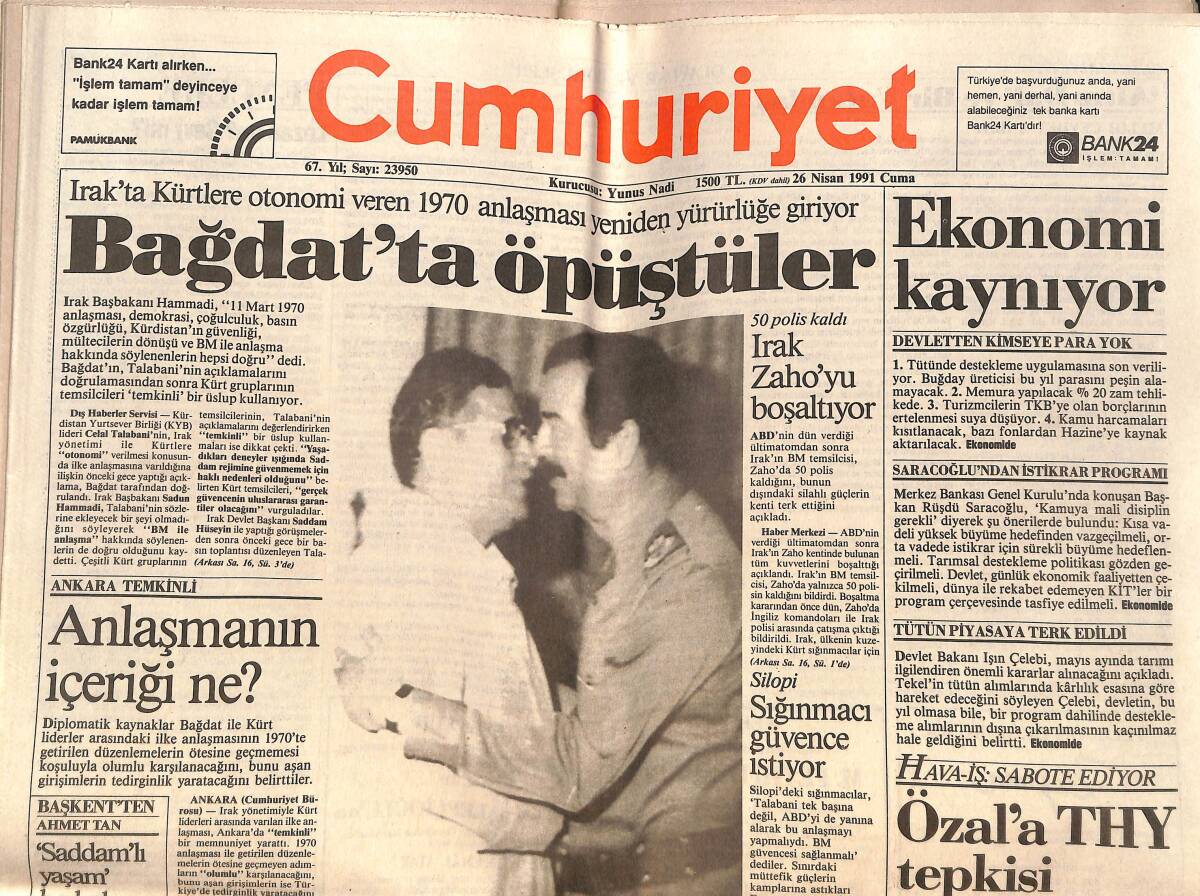 Cumhuriyet Gazetesi 26 Nisan 1991 - ANAP Erken Seçime İlgisiz - Irak Zaho'yu Boşaltıyor GZ151985 - 1