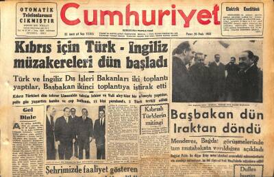 Cumhuriyet Gazetesi 26 Ocak 1958 - Kıbrıs İçin Türk-İngiliz Müzakereleri Dün Başladı - Başbakan Dün Iraktan Döndü GZ120374 - 1
