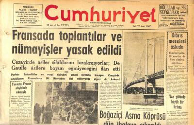 Cumhuriyet Gazetesi 26 Ocak 1960 - Boğaziçi Asma Köprüsü Dün İhaleye Çıkarıldı - Kıbrıs Meselesi Askıda GZ119941 - 1