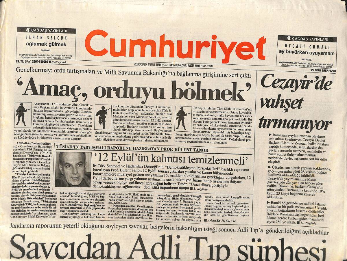 Cumhuriyet Gazetesi 26 Ocak 1997 - Mumcu Artık Bir Simge... - Savcıdan Adli Tıp Şüphesi GZ157333 - 1