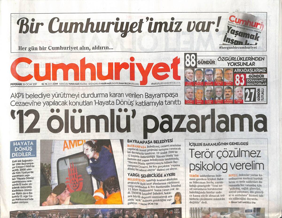 Cumhuriyet Gazetesi 26 Ocak 2017 - 12 Ölümlü Pazarlama - 30 Yıl Önce Bugünü Yazdı GZ135472 - 1