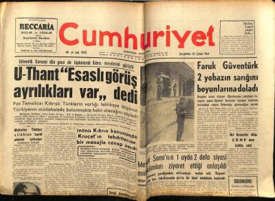 Cumhuriyet Gazetesi 26 Şubat 1964 - Makarios Türkleri Silahtan Tecrid Etmeye Çalışıyor GZ78114 - 1