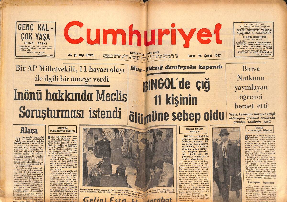 Cumhuriyet Gazetesi 26 Şubat 1967 - İnönü Hakkında Meclis Soruşturması İstendi - Oswald'ın Asıl Hedefi Fidel Castro İmiş! GZ140001 - 1