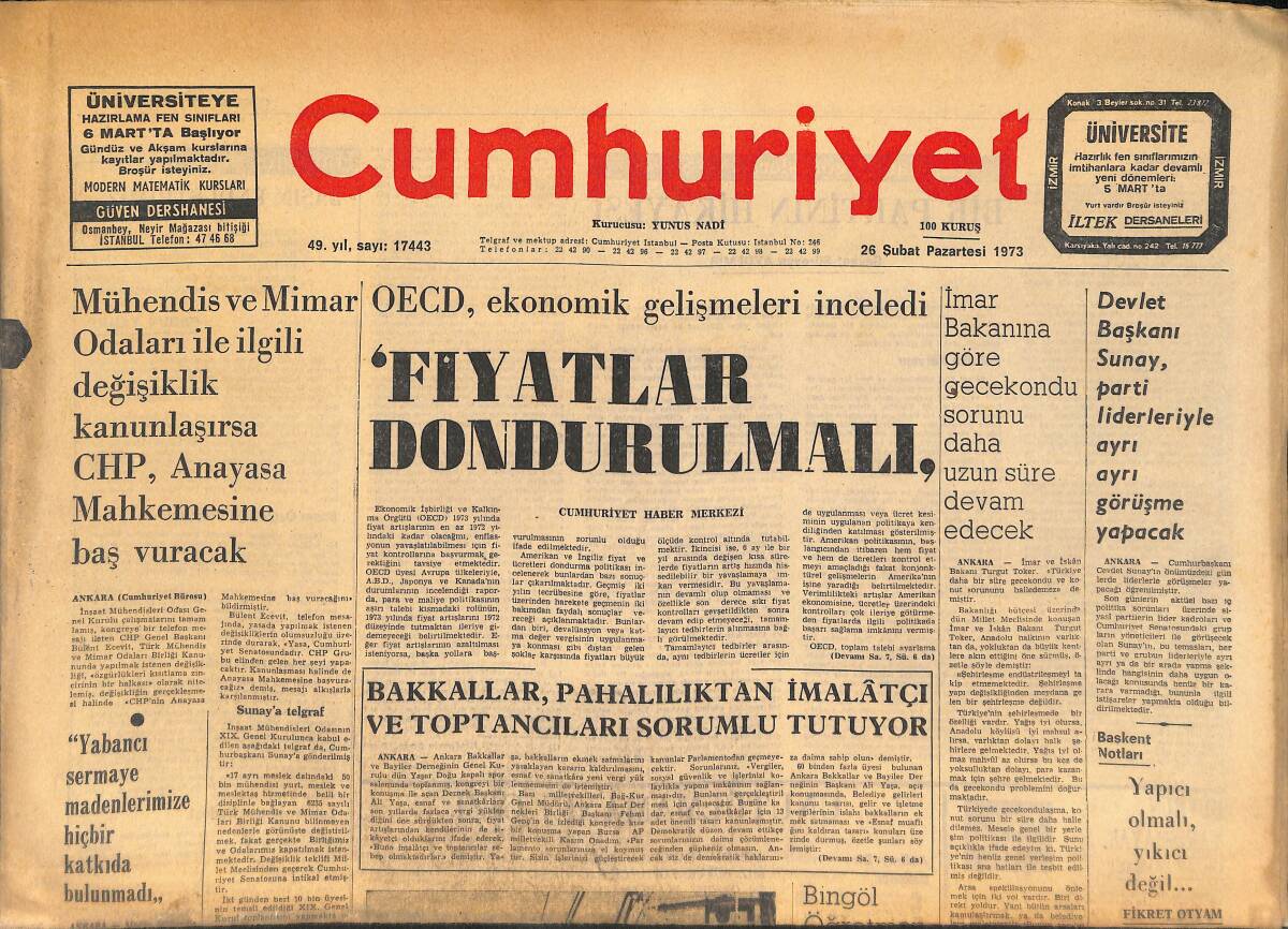 Cumhuriyet Gazetesi 26 Şubat 1973 - Tan Gazetesinin Türkiye'ye Girmesi Yasaklandı - Cemal Kamacı Bir Gecede Dört Boksörü Dövdü! GZ146093 - 1