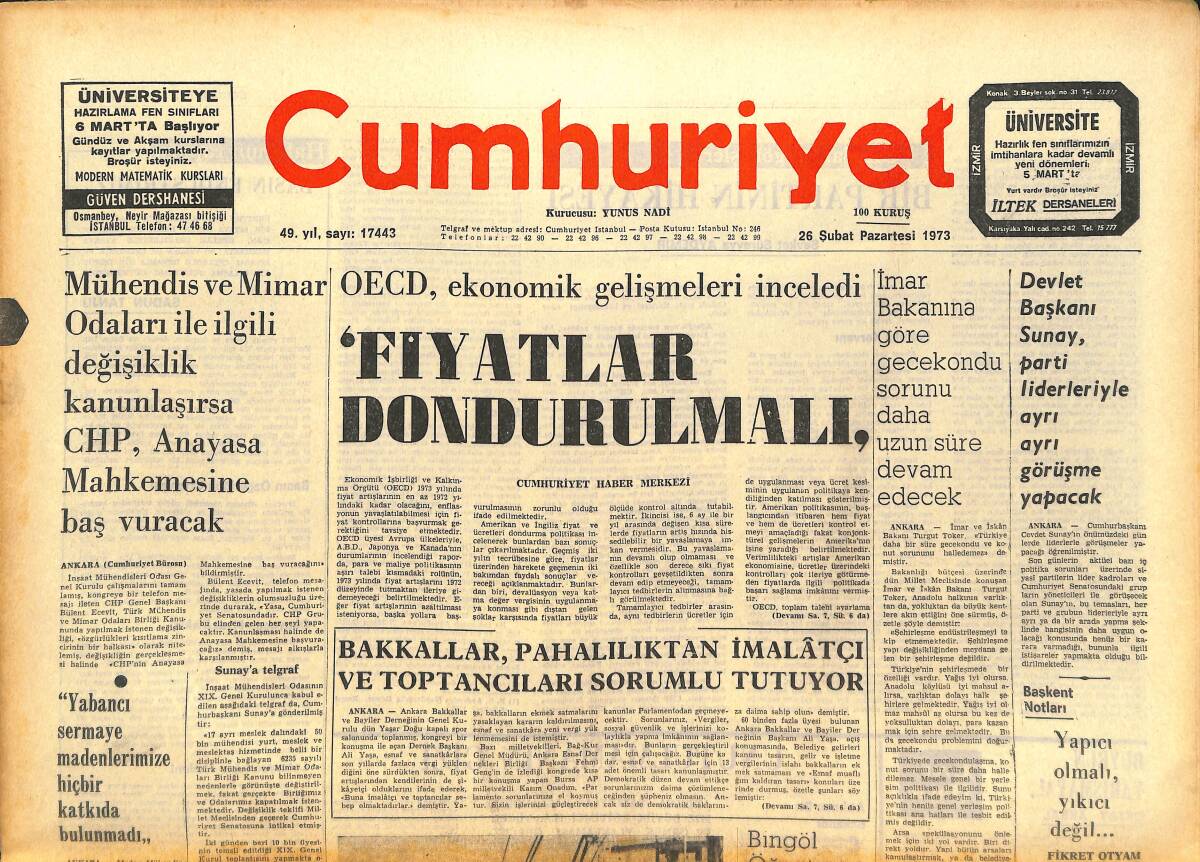 Cumhuriyet Gazetesi 26 Şubat 1973 - Türkiye Okullararası Halter Birinciliğini İstanbul Aldı - Dünya İkincisi İtalya'ya Yenildik GZ142639 - 1