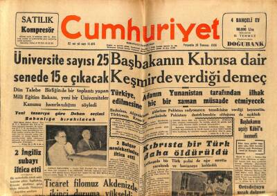 Cumhuriyet Gazetesi 26 Temmuz 1956 - Başbakanın Kıbrısa Dair Keşmirde Verdiği Demeç GZ78130 - 1
