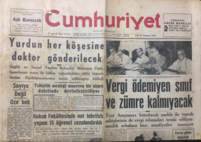 Cumhuriyet Gazetesi 26 Temmuz 1960 - Vergi Ödemeyen Sınıf Ve Zümre Kalmıyacak - GZ12561 - 2