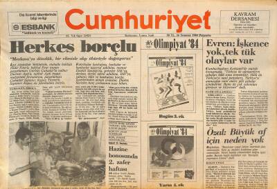 Cumhuriyet Gazetesi 26 Temmuz 1984 - Papandreunun Özala Yanıtı Yarın - Özal Büyük Af İçin Neden Yok GZ126252 - 1