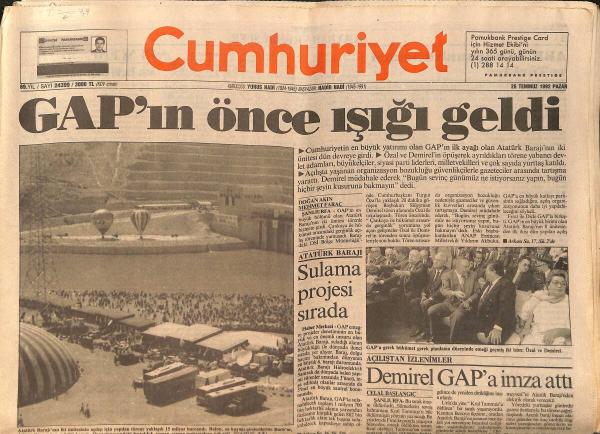 Cumhuriyet Gazetesi 26 Temmuz 1992 - GAP'ın Önce Işığı Geldi - Barcelona'da Görkemli Açılış GZ157190 - 1