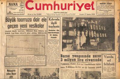 Cumhuriyet Gazetesi 27 Ağustos 1959 - Bursa Yangınında Zarar 3 Milyon Lira Civarında - Orhan Köprülü Dün CHPye Girdi GZ120119 - 1