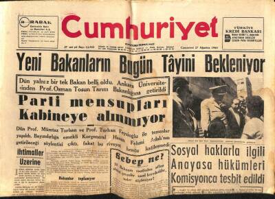 Cumhuriyet Gazetesi 27 Ağustos 1960 - İnönü İle Türkeş Arasında İhtilaf Yok GZ70156 - 1