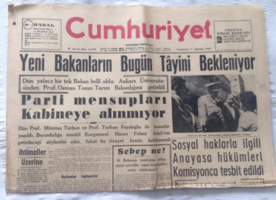 Cumhuriyet Gazetesi 27 Ağustos 1960 - Yeni Bakanların Bugün Tayini Bekleniyor - GZ19303 - 1