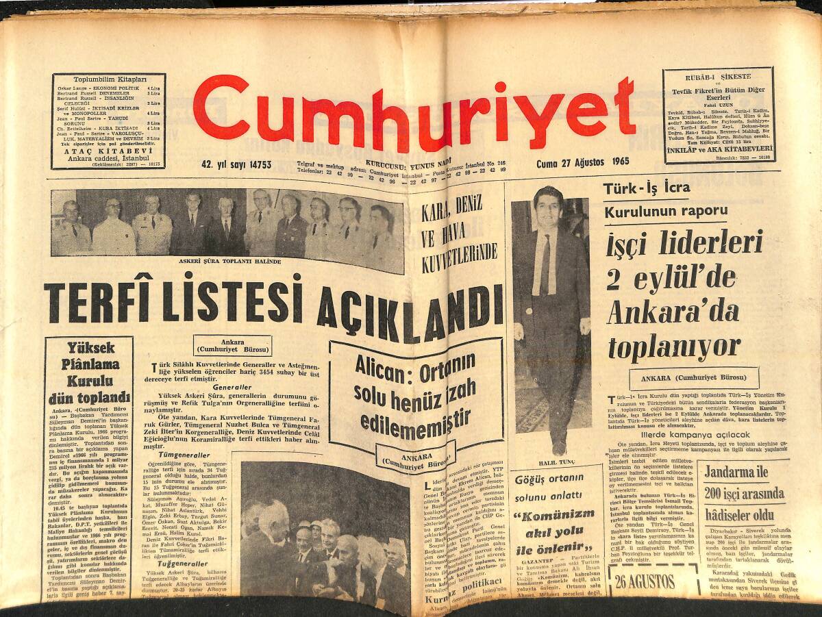 Cumhuriyet Gazetesi 27 Ağustos 1965 - Gemini-5 Denemesi Ve Elde Edilen Bilgiler - 10 Bin Koreli Öğrenci Askerlerle Çarpıştı GZ138978 - 1