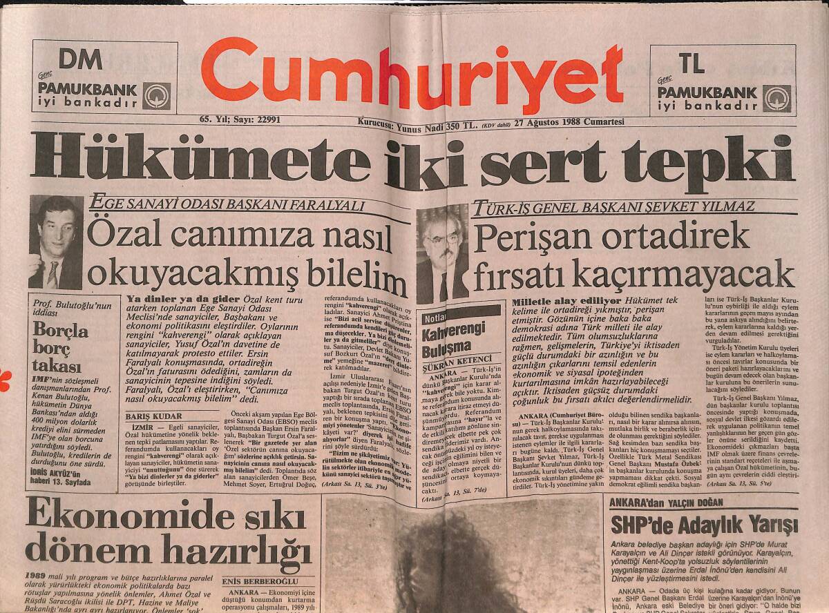 Cumhuriyet Gazetesi 27 Ağustos 1988 - Ekonomide Sıkı Dönem Hazırlığı - Anadolu Liselerine Ek Kontenjan Geliyor GZ151929 - 1