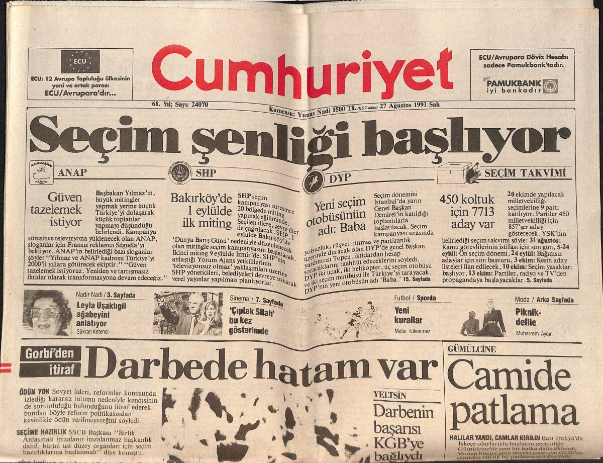 Cumhuriyet Gazetesi 27 Ağustos 1991 - Gorbi Cumhuriyetlere Yumuşuyor - Batman Kanatlı'da Karantina GZ151928 - 1
