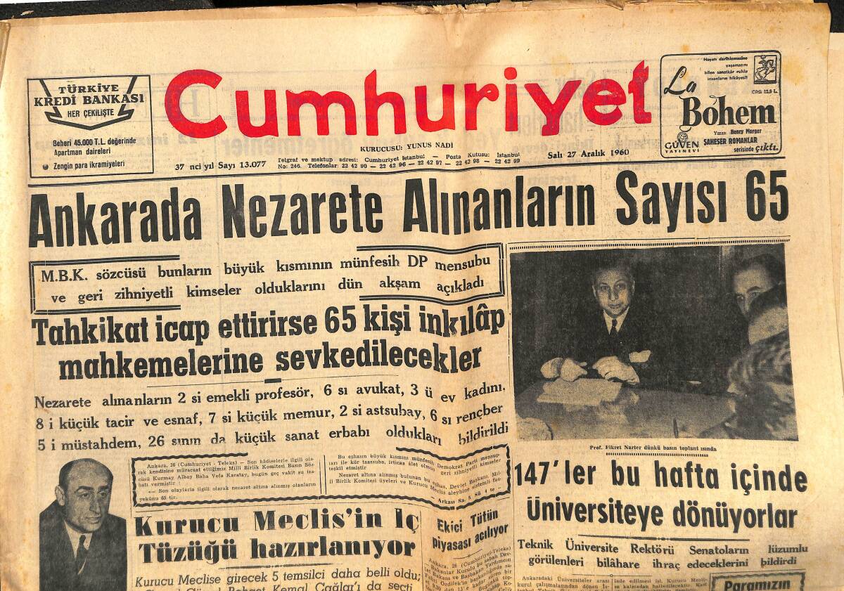 Cumhuriyet Gazetesi 27 Aralık 1960 - Altemur Kılıç Radyo Davasında Beraat Etti - Ata'nın Anıtına Bomba Atan Şahıs Yakalandı GZ143571 - 1