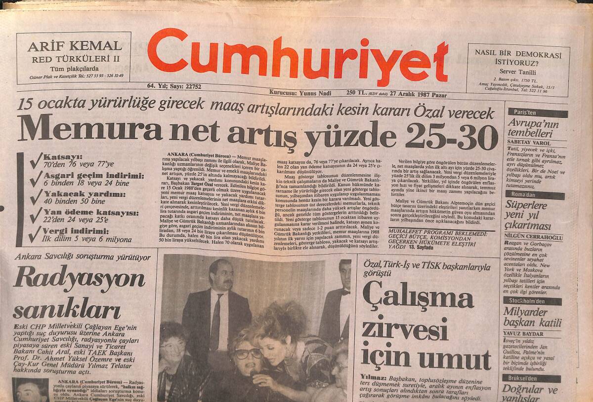 Cumhuriyet Gazetesi 27 Aralık 1987 - Semra Özal'dan Sevda Şarkısı - Mustafa Kemal ve Ankara - Fenerbahçe Az Daha Donuyordu GZ140023 - 1