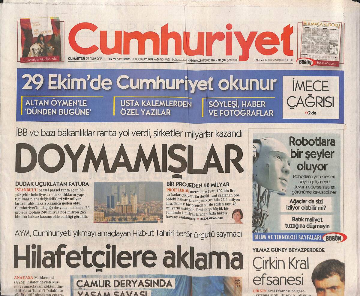 Cumhuriyet Gazetesi 27 Ekim 2018 - Hilafetçilere Aklama - ABD Macron İle Masada - Avrupa'da Nükleer Kaygı GZ135511 - 1