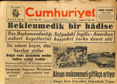 Cumhuriyet Gazetesi 27 Eylül 1944 - Bugün , 27 Eylül , Barbarosun Prevezede Kazandığı Zaferin 406. Yıldönümüdür GZ100968 - 1