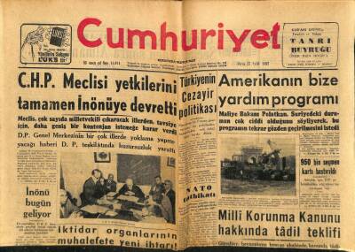 Cumhuriyet Gazetesi 27 Eylül 1957 - CHP Meclisi Yetkilerini Tamamen İnönüye Devretti GZ59307 - 1