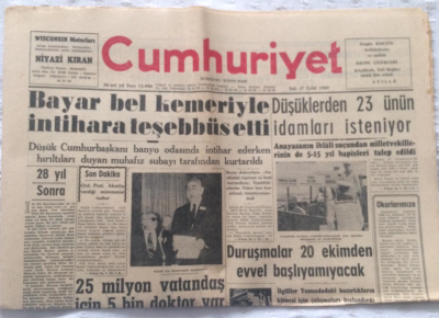 Cumhuriyet Gazetesi 27 Eylül 1960 - Bayar Bel Kemeriyle İntihara Teşebbüs Etti - GZ19446 - 1