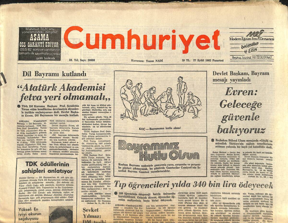 Cumhuriyet Gazetesi 27 Eylül 1982 - Atatürk Akademisi Fetva Yeri Olmamalı - ABD, Kimyasal Silah Üretimini Hızlandırıyor GZ147892 - 1