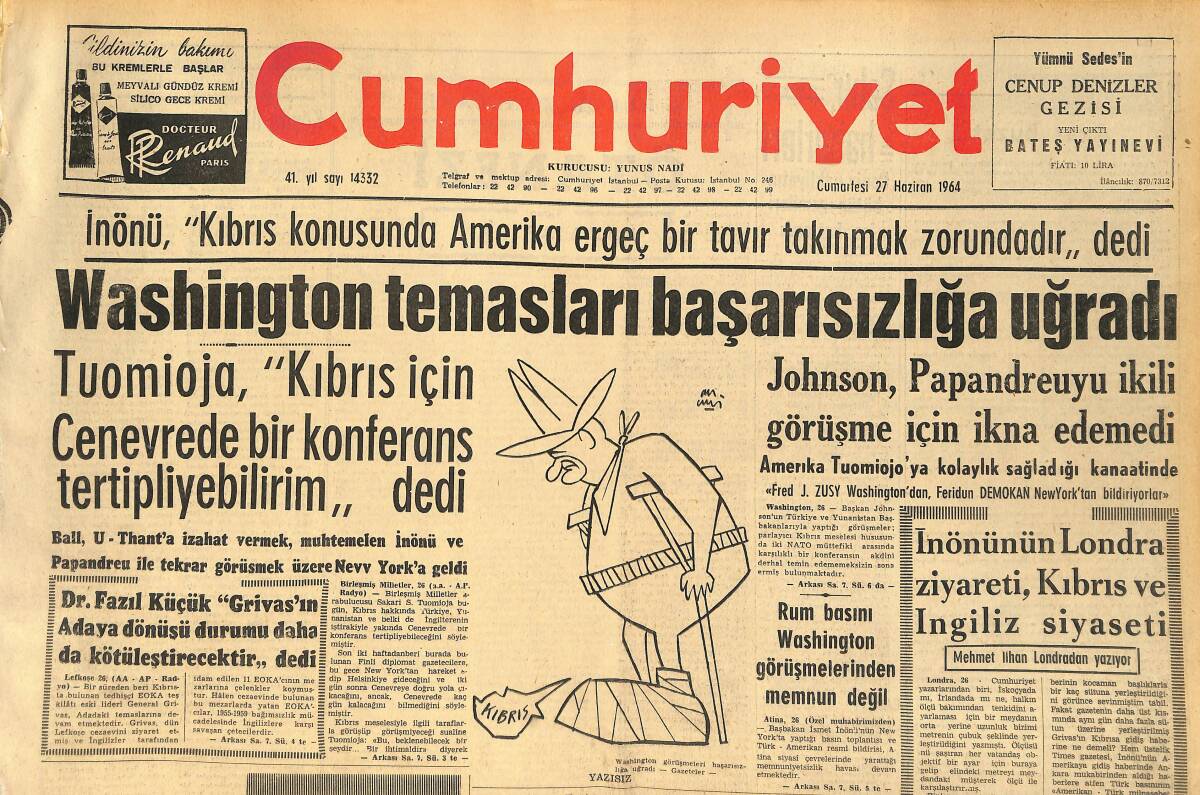 Cumhuriyet Gazetesi 27 Haziran 1964 - Johnson , Papandreuyu İkili Görüşme İçin İkna Edemedi GZ160385 - 1
