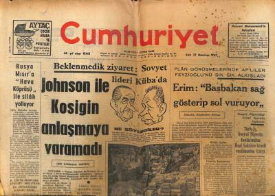 Cumhuriyet Gazetesi 27 Haziran 1967 - Johnson İle Kosigin Anlaşmaya Varamadı GZ103435 - 2