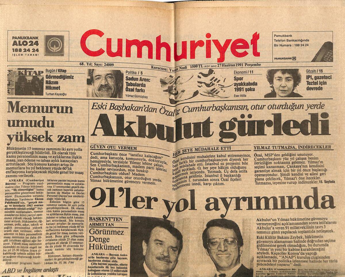 Cumhuriyet Gazetesi 27 Haziran 1991 - Çanlar Yugoslavya İçin Çalıyor - BM'den Kıbrıs'ta Taviz Beklentisi GZ151908 - 1