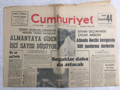 Cumhuriyet Gazetesi 27 Kasım 1965 - Almanyaya Giden İşçi Sayısı Azalıyor - GZ19107 - 1