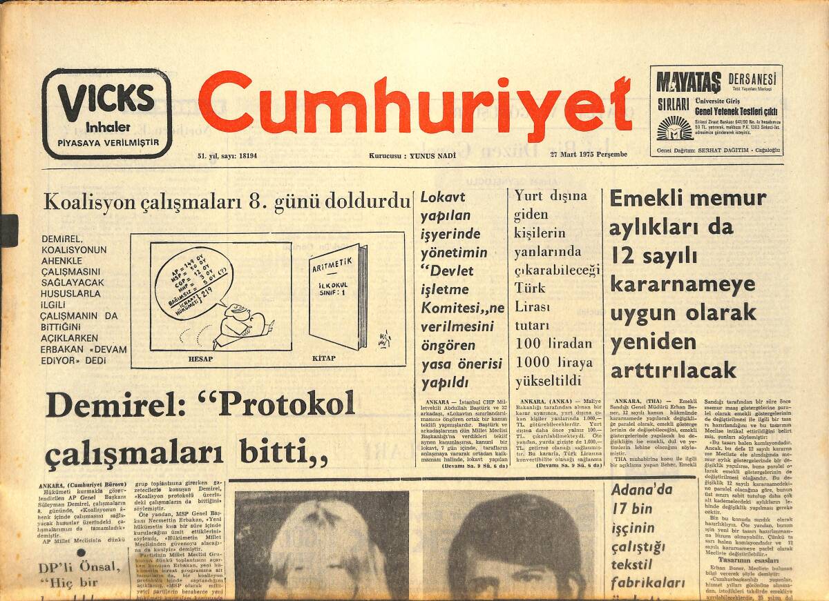 Cumhuriyet Gazetesi 27 Mart 1975 - Bazı Ülkeler Faysal'ın Ölümü İçin Yas İlan Etti - Demirel: Protokol Çalışmaları Bitti GZ143759 - 1