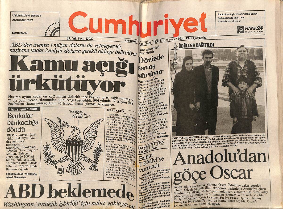 Cumhuriyet Gazetesi 27 Mart 1991 - Anadolu'dan Göçe Oscar - ABD Beklemede GZ151887 - 1