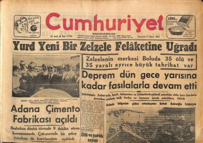 Cumhuriyet Gazetesi 27 Mayıs 1957 - Adana Çimento Fabrikası Açıldı - Deprem İstanbullulara Korkulu Anlar Geçirtti GZ98126 - 1