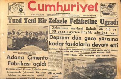 Cumhuriyet Gazetesi 27 Mayıs 1957 - Adana Çimento Fabrikası Açıldı - Yurd Yeni Bir Zelzele Felaketine Uğradı GZ119909 - 1