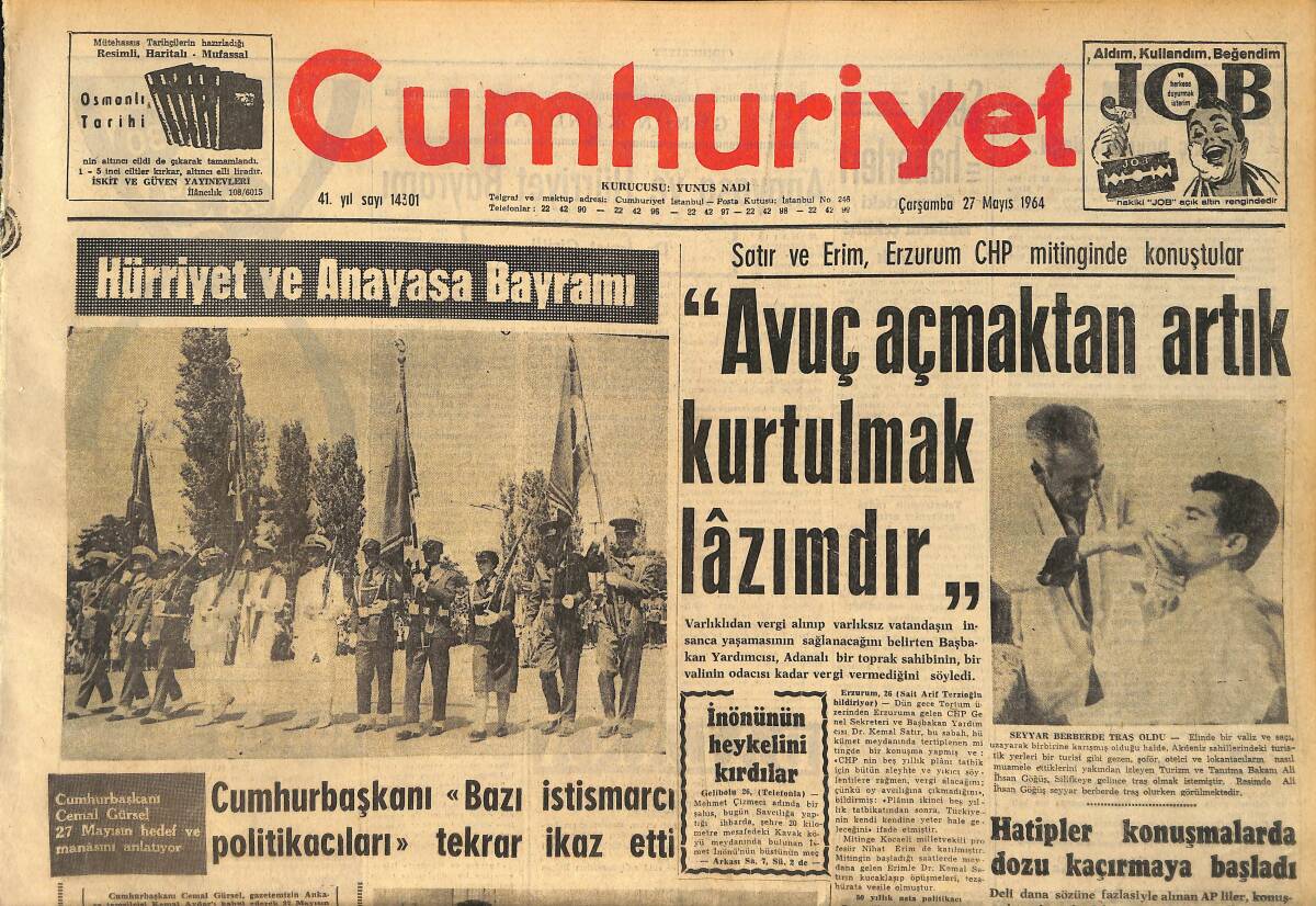 Cumhuriyet Gazetesi 27 Mayıs 1964 - Gazi Osman Paşanın İki Torununu Bulduk - Saroyan İstanbul'da GZ160354 - 1