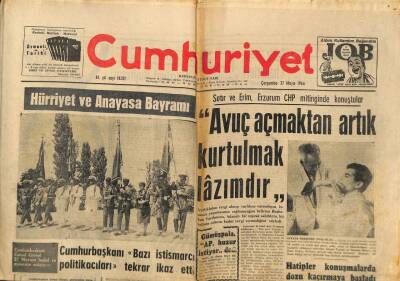 Cumhuriyet Gazetesi 27 Mayıs 1964 - Satır Ve Erim Konuştu, Gazi Osman Paşanın 2 Torununu Bulduk, Limada Kanlı Maç GZ87988 - 1