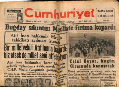 Cumhuriyet Gazetesi 27 Nisan 1948 - Celal Bayar , Bugün Giresunda Konuşacak - Rendova Uçak Taşıt Gemisi Yarın Geliyor GZ92908 - 1