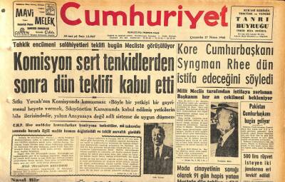Cumhuriyet Gazetesi 27 Nisan 1960 - Kore Cumhurbaşkanı Syngman Rhee Dün İstifa Edeceğini Söyledi GZ120040 - 1