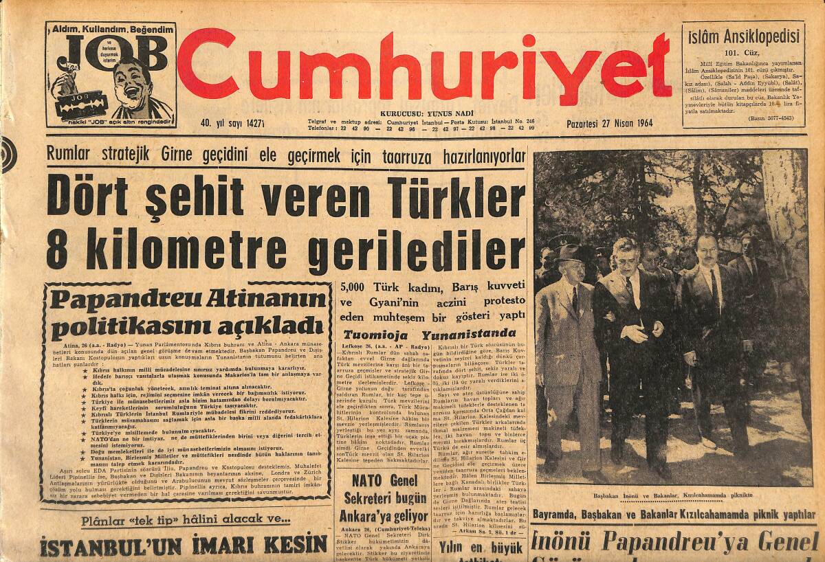 Cumhuriyet Gazetesi 27 Nisan 1964 - Kıbrıs Konusunda Konuşan Feyzioğlu ''Kuvvetli Olmak Başta Gelen Çaredir'' dedi GZ160434 - 1