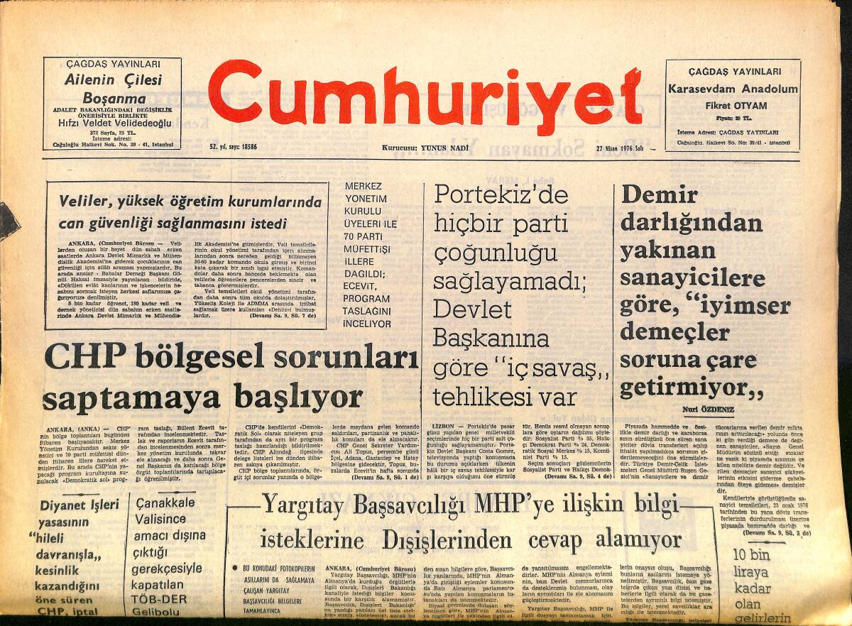 Cumhuriyet Gazetesi 27 Nisan 1976 - 71'lik Garbo'nun Çıplak Resimleri Çekildi - Cumhurbaşkanı Korutürk Irak Gezisine Başladı GZ161094 - 1