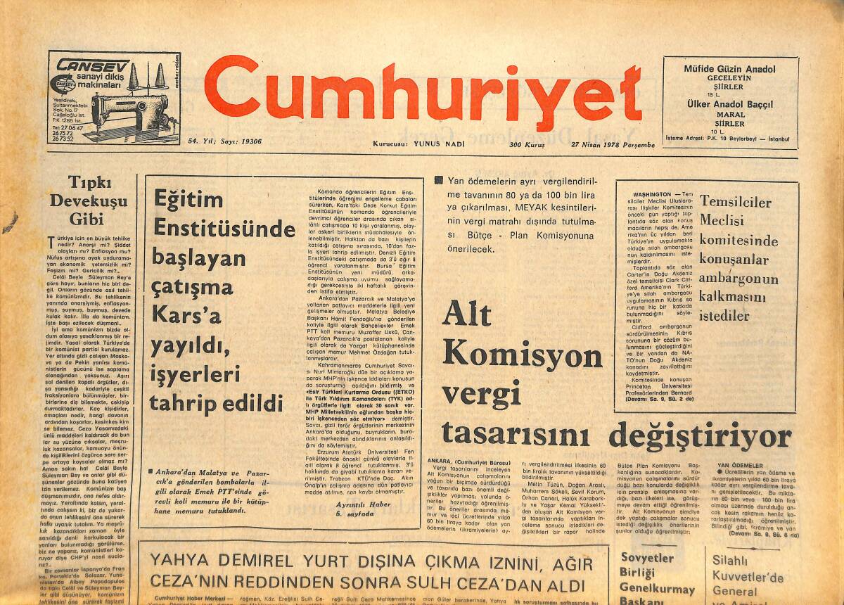 Cumhuriyet Gazetesi 27 Nisan 1978 - Vergi Dairesi Müdür Rüşvetten Yakalandı - Alt Komisyon Vergi Tasarısı Değişiyor GZ143782 - 1