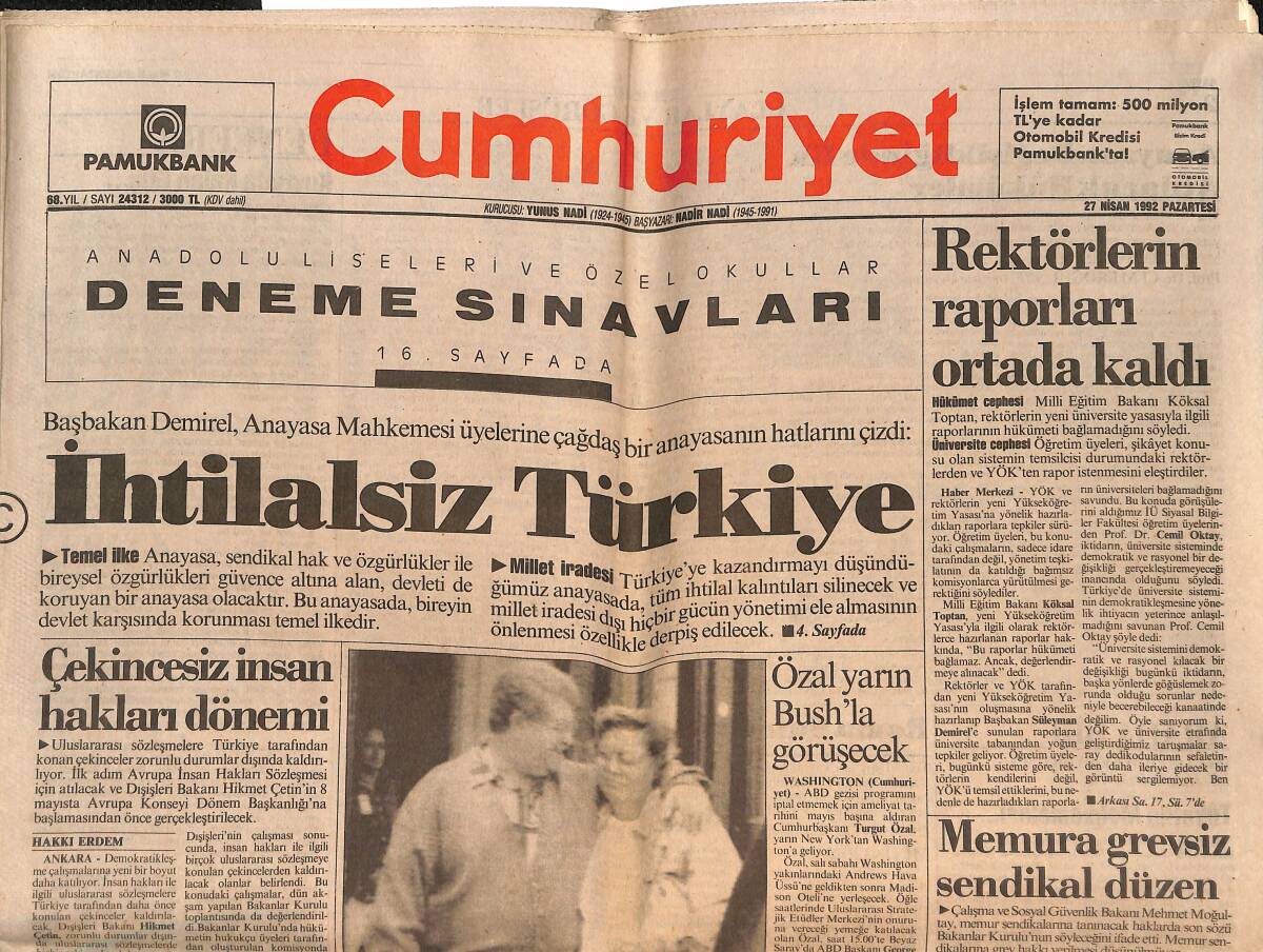 Cumhuriyet Gazetesi 27 Nisan 1992 - Demirel Orta Asya Maratonunda - Nurhak'ta Güneş Hala Doğmuyor GZ151982 - 1