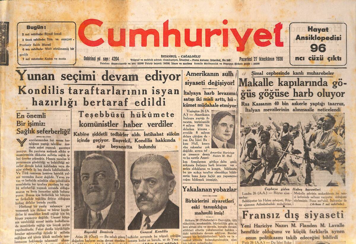 Cumhuriyet Gazetesi 27 Ocak 1936 - Beşiktaş Galatasaray'ı Dün 3-2 Mağlup Etti - Amerika'nın Sulh Siyaseti Değişiyor GZ146584 - 1