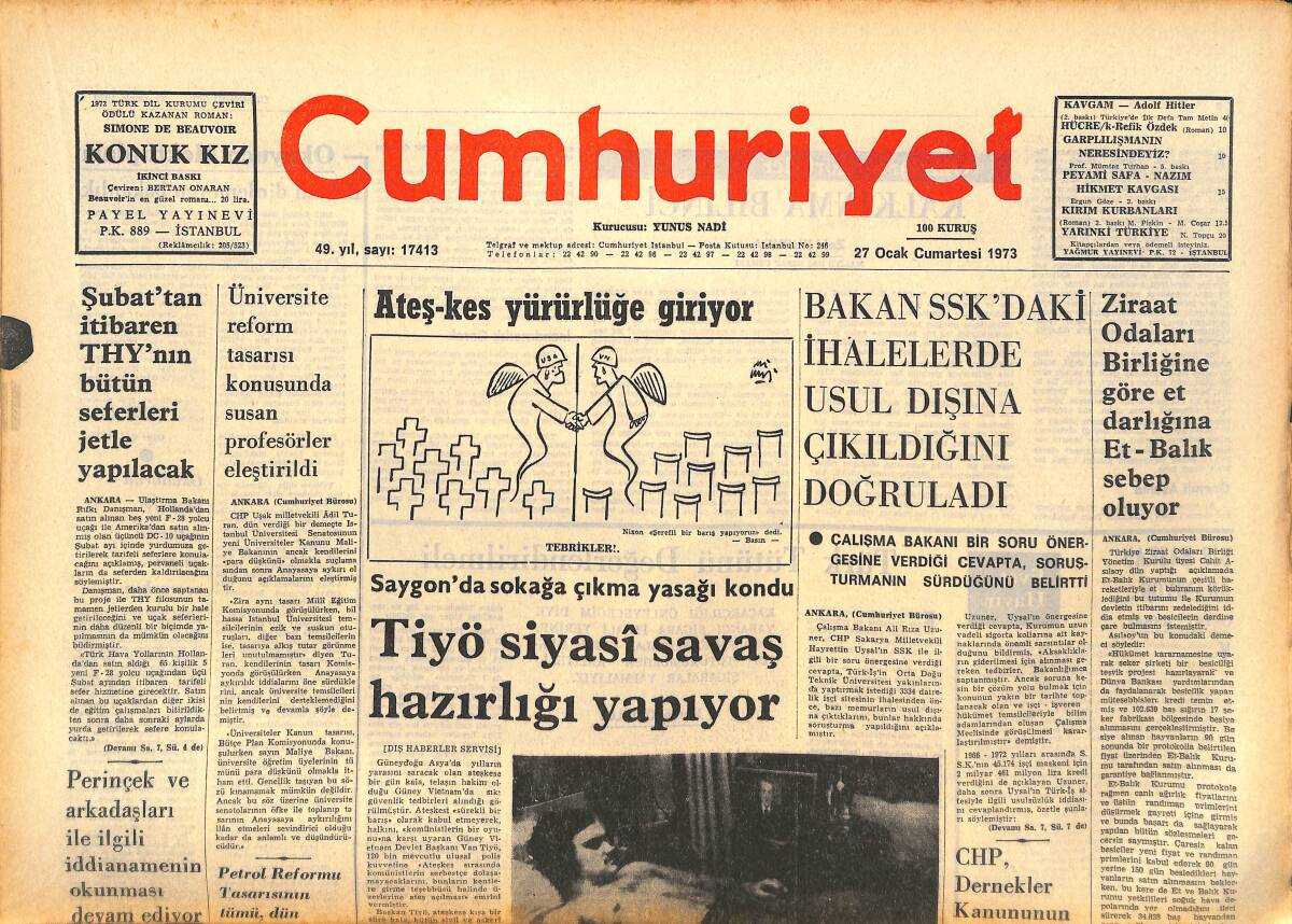 Cumhuriyet Gazetesi 27 Ocak 1973 - Tiyö Siyasi Savaş Hazırlığı Yapıyor - Şubat'tan İtibaren THY'nin Bütün Seferleri Jetle Yapılacak GZ143572 - 1